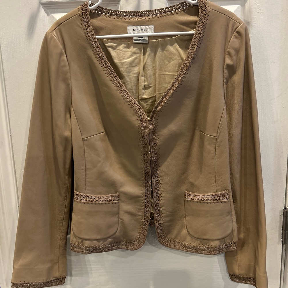 Nine West Tan Blazer Tailored Fit V-Neck Leather XL